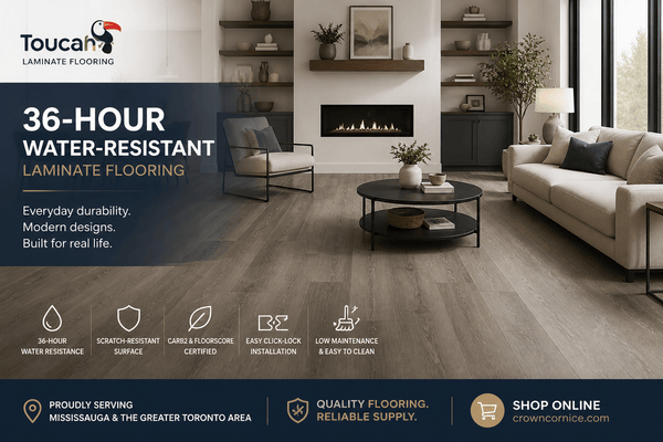 36-Hour Water-Resistant Laminate Flooring - CrownCornice Mouldings & Millworks Inc.